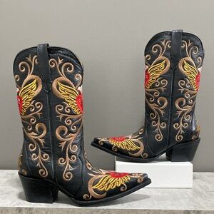 Embroidered Black and Gold Heeled Boots